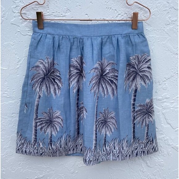J Crew Womens Cotton Linen Tropical Palm Tree Pleated Mini Skirts Blue Sz 2 - Picture 1 of 9